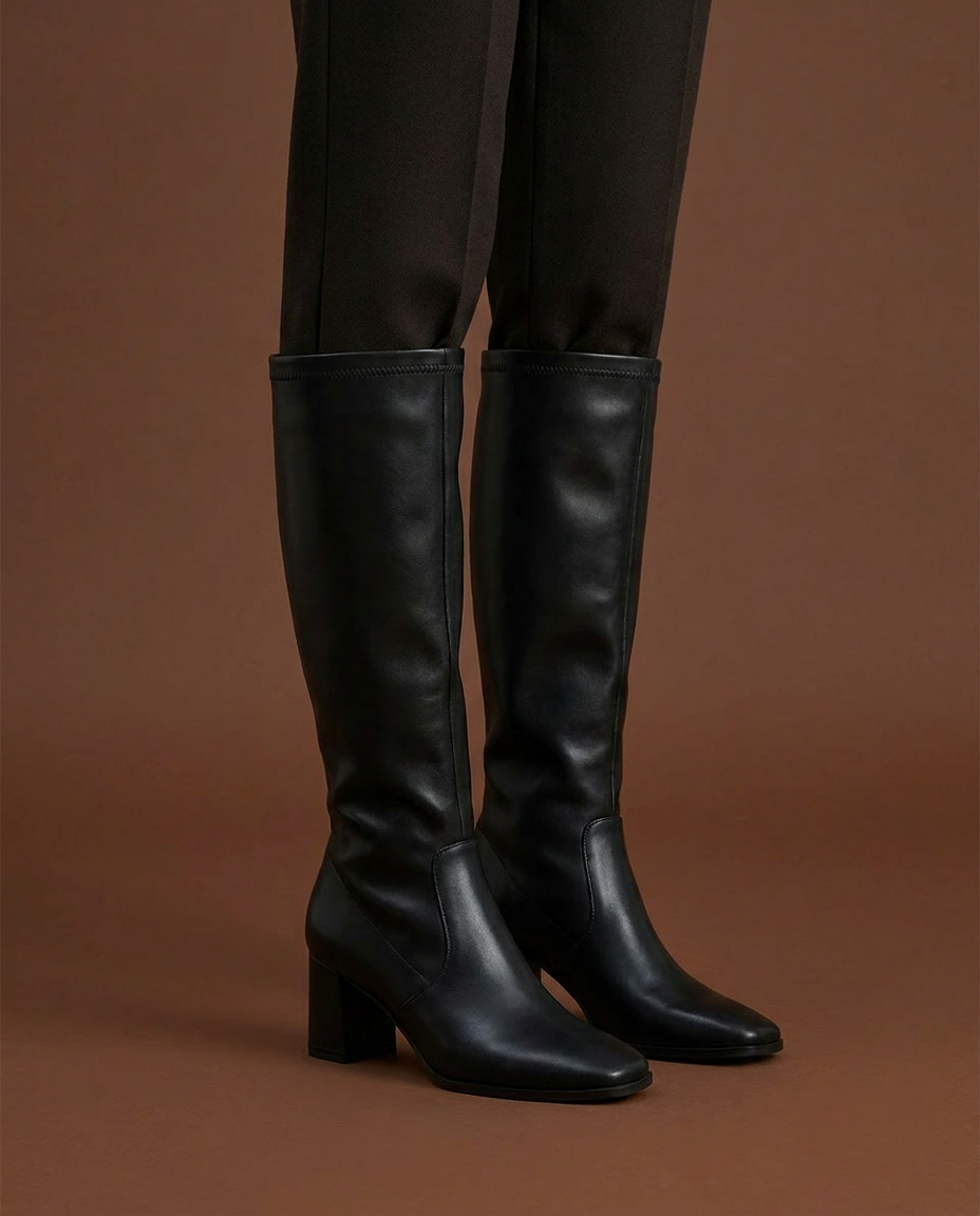 Linzi Shoes - Black Faux Leather Knee High Boot- 8